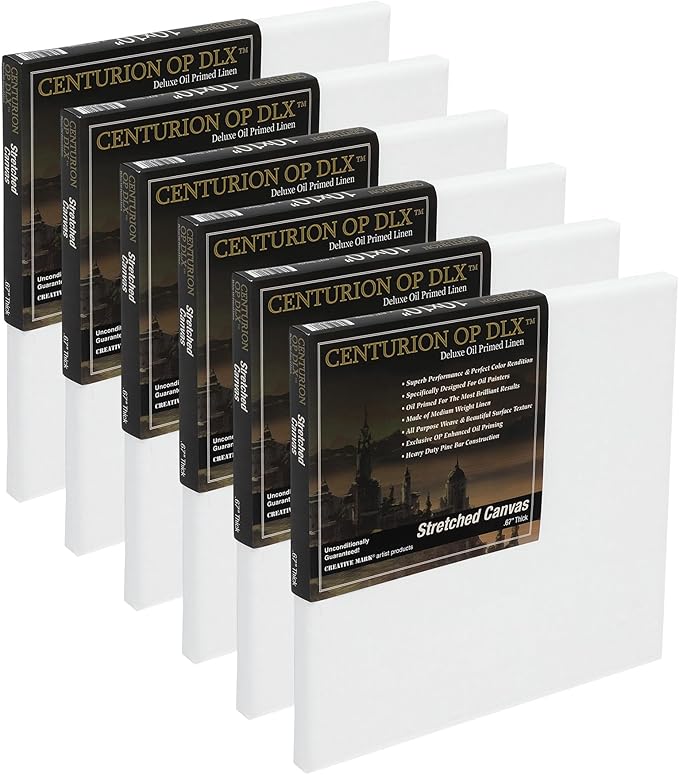Centurion Deluxe Professional Oil Primed Linen Stretched Canvas, 11oz Linen, 6x6 - Box of 6, 0.67" Deep Canvases, Kiln-Dried Stretchers, Back Stapled, Premium Medium Weight Canvas for Oil Paintings