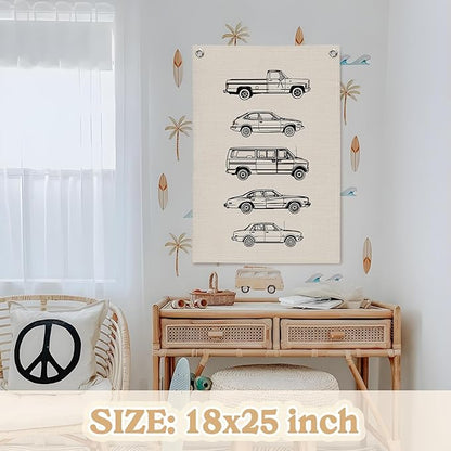 Toddler Boy Room Decor, Vintage Car Linen Canvas Banner, Retro Car Room Decor Wall Hanging Flag Banner for Little Boy Bedroom,Playroom Nursery 18x25 Inch
