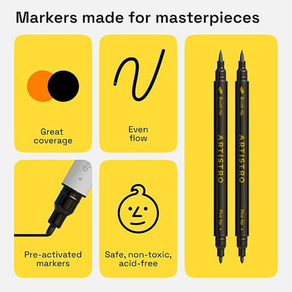 ARTISTRO 2 Black Dual-Tip Fabric Markers - Fabric Decorating Kit - Permanent for Clothes - Acrylic Paint Pens for Sneakers, Bags, Shoes, Textile, Canvas, Sewing, Craft, Laundry - Brush and Fine Tip