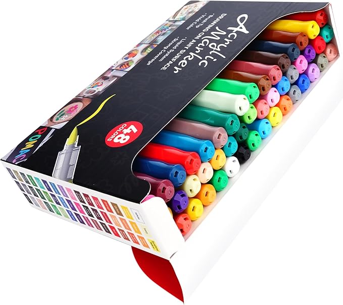 POMAC 48 Colors Acrylic Paint Markers, Water-Based Acrylic Pens Brush Tip, Art Drawing Liquid Paint Pens for Fabric, Canvas, Rock, Glass, Wood, Paper, DIY Crafts and Art Supplies