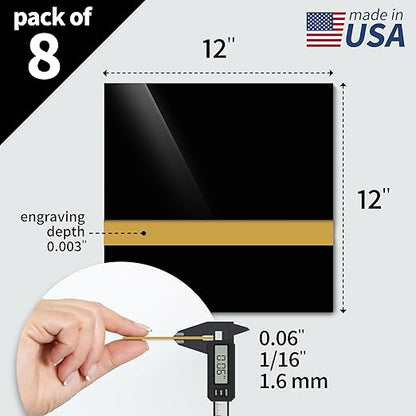 Trotec TroLase | 12"x12"x1/16, 8 Pcs | Gloss Black/Gold | 2 Ply | Modified Acrylic | Laser Engraving Double Color Plastic Sheet | Engraving Blanks for Laser, Saw, Guillotine | Made in USA
