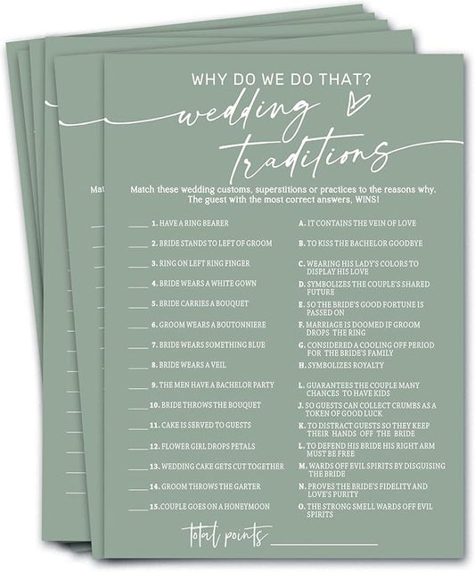 Bridal Shower Games Cards, Wedding Traditions Why Do We Do That, 25 Game Cards with 1 Answer Card, Engagement Party Wedding Games for Guests, Minimalist Green Wedding Party Supplies - C08