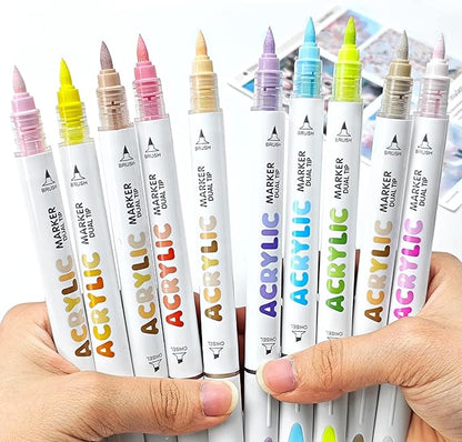 kander 12 Colors Dual Tip Acrylic Paint Markers, Yellow Orange Color — Extra Fine & Soft Brush Pen Set with Direct Ink Flow for Sketching, Detailing, Coloring on Wood, Canvas, Rock, Glass, DIY Crafts