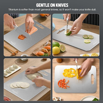100% Pure Titanium Cutting Board for Kitchen 2mm Thickened, Easy to Clean, Dishwasher Safe, Double-Sided Chopping Board for Meat, Veggies, Fruits, Camping, Housewarming Gift (14.2" x 9.85")
