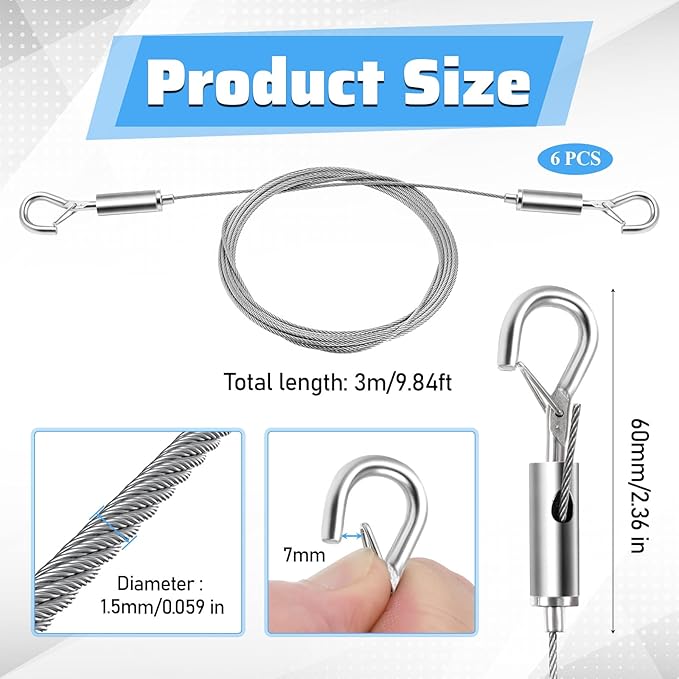 6 Pcs Picture Hanging Wire Heavy Duty Adjustable Art Hanging Wire 9.8FT x1.5mm Stainless Steel Frame Wires Rope for Mirrors Frames Artwork Basket Flowerpot Light Lamp Billboard (Hold up to 30kg/66lb)