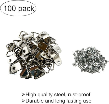 Silver Triangle Ring Picture Hangers (100 Pack) with Screws for Hanging Frames, Paintings, Artwork, Photos on Drywall