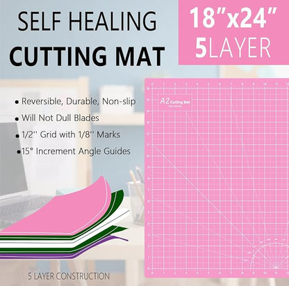 HEADLEY TOOLS 18"x24" Thickened Self Healing Cutting Mat, A2 Rotary Cutting Sewing Mat for Crafts, Double Sided 5-Ply Table Cutting Board for Fabric Quilting Patchwork Arts Hobby Project, Pink/Purple
