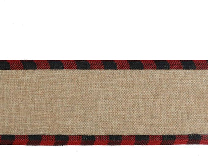 MEEDEE Burlap Christmas Ribbon Wired Burlap Ribbon 2.5 Inch 10 Yards Fall Burlap Ribbon with Red and Black Buffalo Check Edging Wired Plaid Burlap Ribbon for Christmas Tree, Wreath Making