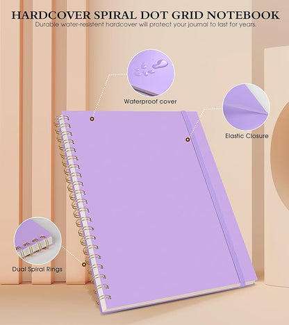Dotted Notebook, Spiral Notebook Journal 8.5” x 11”, A4 Large Dot Grid Notebooks for Women Men, 100 GSM Dotted Paper, Plastic Hardcover Spiral Bullet Journals for Work School Sketching, Purple