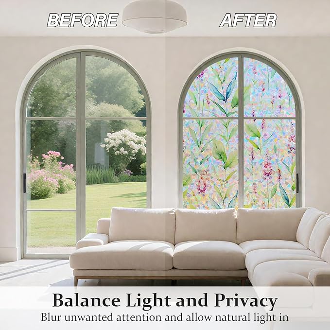 Donox Decorative Window Privacy Film, 3D Floral Stained Glass Window Film Static Cling Rainbow Privacy Sticker for Glass Door Heat Control Anti UV, No Adhesive (Gladiolus,35.4 x 78.7 inches)