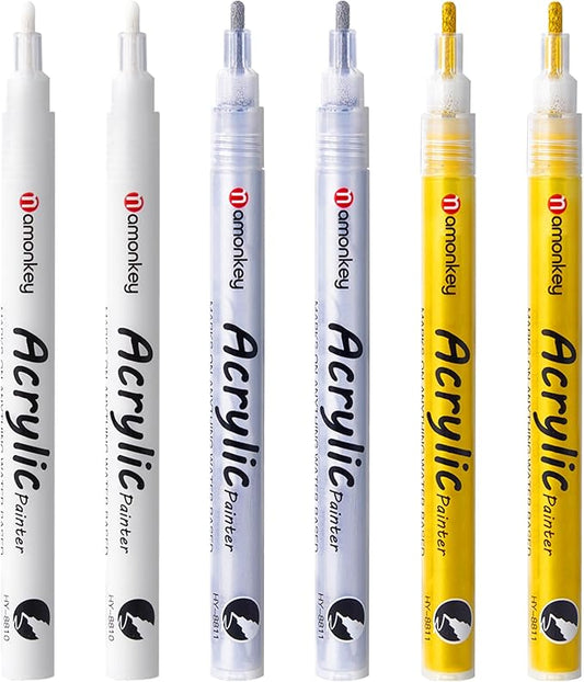 White, Silver & Gold Paint Marker Pens 6 Pack 1.2mm Fine Tip, Permanent Acrylic Ink for Rock, Wood, Metal, Glass, Ceramic, Plastic, Canvas, Pens for DIY Crafts, Art & Fine Detailing