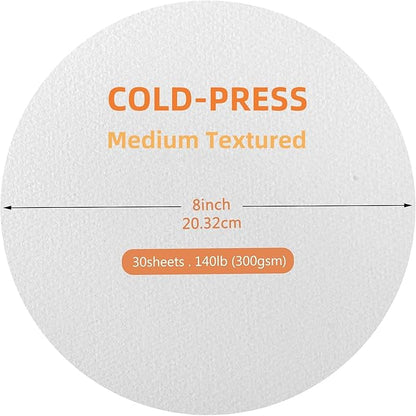 FEITAKE Round Watercolor Paper 100% Cotton/Cold Pressed / 140lb (300gsm) 8" Diameter 30 Sheets Pack Art Paper for Watercolor Gouache Ink Acrylic & Crafting