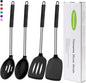 Silicone Spatula Spoon Set, 4 PCS Silicone Cooking Utensils Spatula Spoon Set with Stainless Steel Handle, BPA Free Kitchen Turners for Frying, Mixing, Serving, Draining, Turning, Stirring, Black