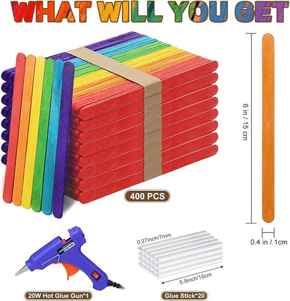 6 inch Colored Wooden Sticks Kits, 400PCS Colorful Rainbow Sticks with Hot Glue Gun and Sticks for Craft Home Popsicle Decoration Project Building Model Kid Classroom Art Craft Supplies