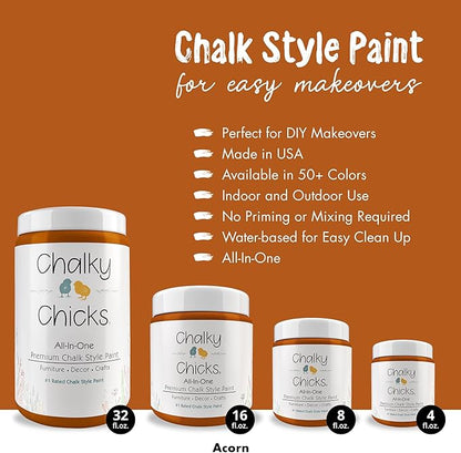Chalky Chicks All-in-One Chalk Paint for Furniture or Cabinet - 32 Fl Oz - Matte Finish Acorn Orange for Metal, Wood Furniture Paint - No Sanding All-in-One for Home Decor & Crafts, USA Made