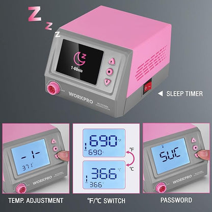 WORKPRO Soldering Station, 60W Soldering Iron Kit Digital Display, 5 Extra Iron Tips, Precision Temperature Control Solder Station for Electronic Repair, DIY Enthusiasts - Pink Ribbon