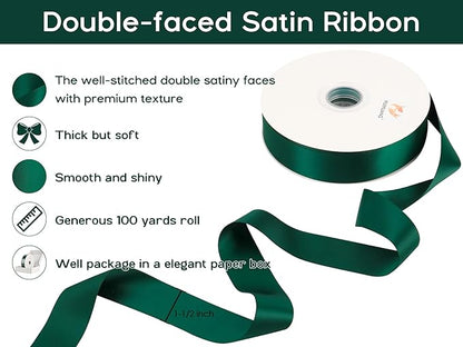 HUIHUANG Green Satin Ribbon 1-1/2 inch x 100 Yards Dark Green Double-Faced Satin Ribbon for Christmas Gift Wrapping, Flower Bouquet, DIY Crafts, Bows, Wedding Decoration