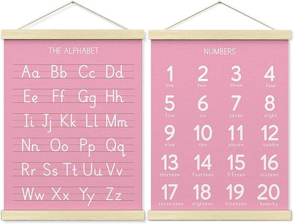 BONETAT Numbers alphabet poster for Nursery Toddlers,Correct Letter Formation on Line Paper, Play Room Wall Decor,ABC Wall Chart,Preschool Homeschool Decor Kids Wall Decor,Wooden Alphabet Banner-A08