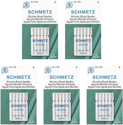 SCHMETZ Microtex Sharp Sewing Machine Needles - Quilting & Topstitching Supplies, Size 80/12, 5-Needle Card, Pack of 5