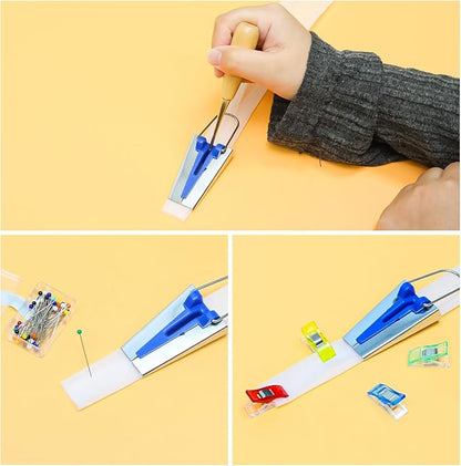 Funstreet Comprehensive Bias Tape Maker Kit, Fabric Tape Tools Sewing Machine Presser Foot, Sewing Clips Ball Point Pins, Awl for Fabric Sewing/Quilting