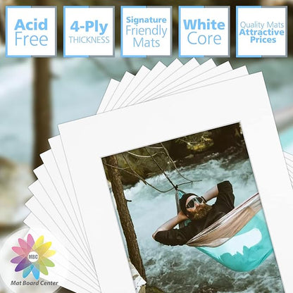 Mat Board Center, Pack of 10, 11x14 for 8x10 Off White Color Mats - Bevel Cut, Acid Free, 4-ply Thickness, White Core - for Pictures, Photos, Framing