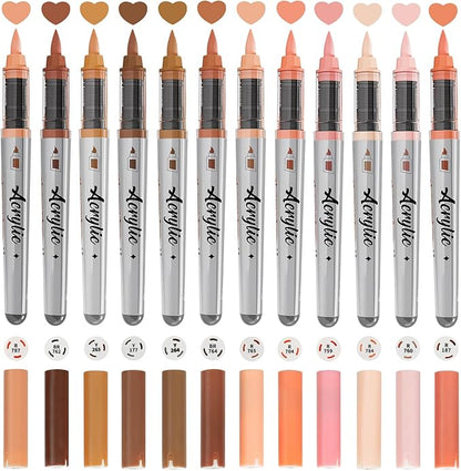 Skin Tone Acrylic Paint Markers, 12 Colors Fabric Marker, Auto-Ink Paint Pens Markers, Brush Tip Marker for Rock Painting, Wood Glass Ceramic Canvas Stone DIY Crafts Making Art Supplies