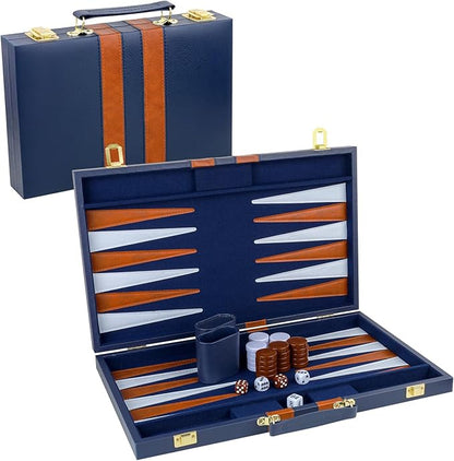 Backgammon Set 2 Players Classic Backgammon Sets for Adults Board Game with PU Leather Case Portable and Travel Backgammon Set (Navy, 18inch)