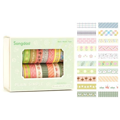 20 Rolls Basic Washi Tape Set Japanese Arts Adhesive Tapes Simple Patterns Decorative Masking Tape Sets for Craft, Kids, Scrapbook, DIY, Gift Wrapping (Style Five)