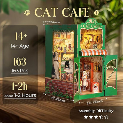 Book Nook Kit,DIY Miniature House Kit for Adults, Teens and Beginners, Dollhouse Booknook Cat Cafe Tiny House Bookshelf Decor 3D Wooden Puzzle, Gifts for Family, Friends