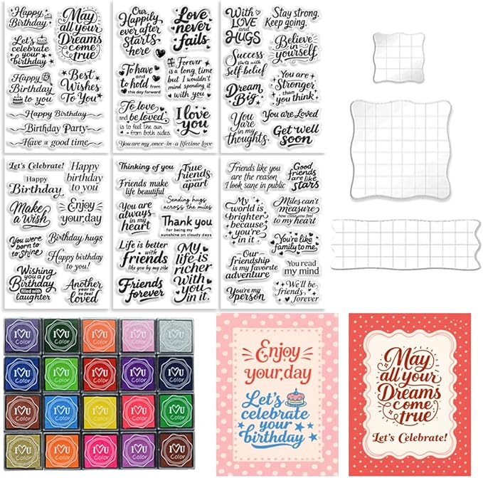 6 Pcs Greeting Words Clear Stamps for Card Making Supplies 20 Ink Pad 3 Acrylic Stamp Block Silicone Stamp with Holiday Bless Happy Birthday Stamps for Crafting DIY Scrapbooking Journal
