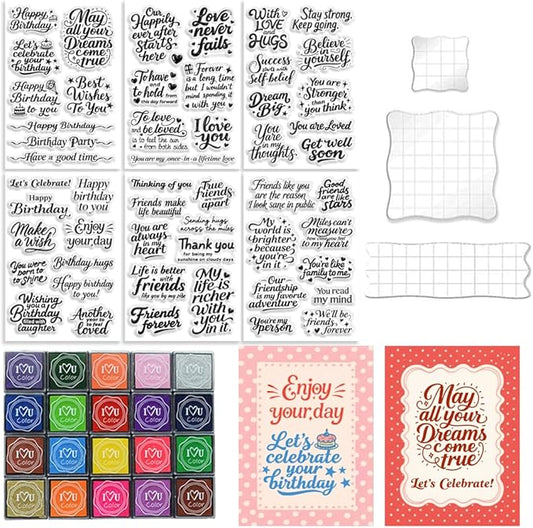 6 Pcs Greeting Words Clear Stamps for Card Making Supplies 20 Ink Pad 3 Acrylic Stamp Block Silicone Stamp with Holiday Bless Happy Birthday Stamps for Crafting DIY Scrapbooking Journal