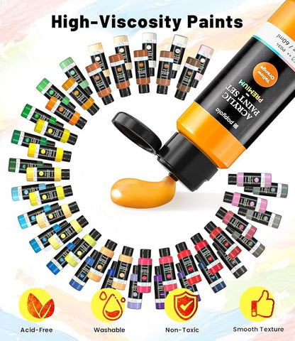 64 PCS Acrylic Paint Set with 12 Brushes, 2 Knives & Palette, 48 Colors (2oz/60ml) Art Craft Paint for Adults Kids Artists Beginners, Halloween Pumpkin Canvas Ceramic Rock Painting Kit