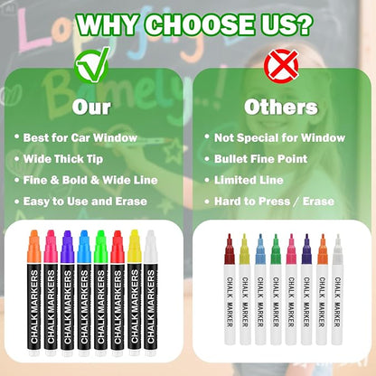 Liquid Chalk Markers for Blackboard, Jumbo Window Markers Chalk Pen with 7mm Thick Wide Tip for Car Glass Poster Halloween Christmas Decorations, Stocking Stuffers for Teen Girls Boys, 8 Pack