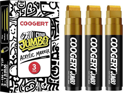 3Pcs Gold Jumbo Poster Markers, 15MM Thick Permanent Acrylic Graffiti Markers, Wide Tip Paint Marker for Canvas, Posters Board, Fabric, Window, Glass, Wood, Teachers,Banner painting supplies