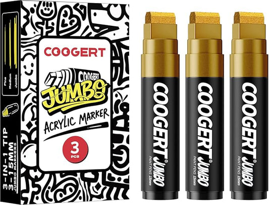 3Pcs Gold Jumbo Poster Markers, 15MM Thick Permanent Acrylic Graffiti Markers, Wide Tip Paint Marker for Canvas, Posters Board, Fabric, Window, Glass, Wood, Teachers,Banner painting supplies