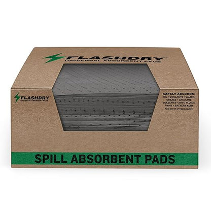 FlashDry - Universal Spill Absorbent Pads (100 Pads per Container) | 17.5” x 13.5” x 2mm Oil and All Purpose Premium Liquid Pads Packed in a Convenient Sturdy Dispensing Box (1)