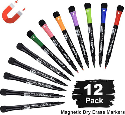 Browill Magnetic Dry Erase Markers, Fine Tip Low Odor Whiteboard Markers for Kids & School, Work On White board & Calendar, Refrigerator (12 Pack)