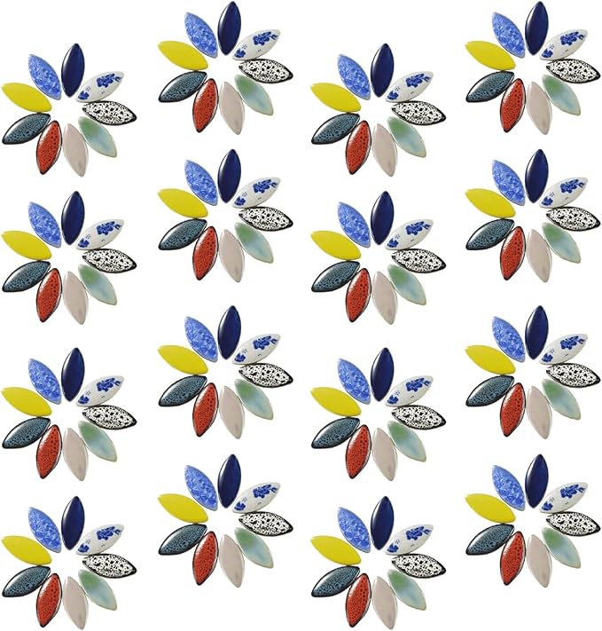70 Pcs Petal Ceramic Mosaic Tiles, Green, Polished Edge, Cottage Style, Floral Pattern, Glue Down Installation, Suitable for Crafts and Home Decorations