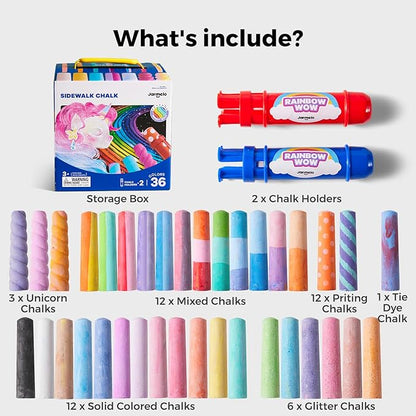 Jar Melo 38 PCS Sidewalk Chalk for Kids- Colored Sidewalk Chalk with Holder,Jumbo Washable & Non-Toxic Chalks-Outdoor Play and Chalkboard Art for Kids and Toddlers Gifts