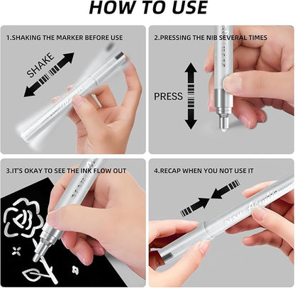 SFAIH Acrylic Silver Paint Pens - 8 Pack 2-3MM Medium Tip & 0.7MM Extra Fine White Paint Marker for Rock Painting, Wood, Metal, Fabric, Canvas, Glass, Ceramic, Diy Crafts