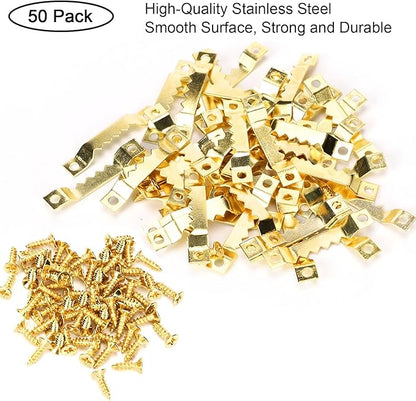 Small Sawtooth Picture Hangers 50 Pack Steel Sawtooth Hangers with Screws for Hanging Canvas Photos Frame Clock Paintings Artwork (Gold)