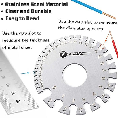 ZeeDix Standard Dual-Sided Round Wire Cable Sheet Gage- Stainless Steel Metal Wire Gage Measurement Tool Wire Measuring Ruler Diameter Tool