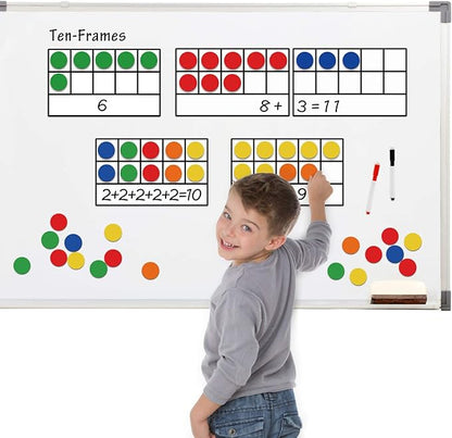 Torlam Magnetic Ten-Frame Set - Math Manipulative for Elementary - 5 Ten Frames & 55 Magnetic Counters for Kids, Kindergarten Math Games (Upgraded Version for Hand-held & 2 Black Pens)