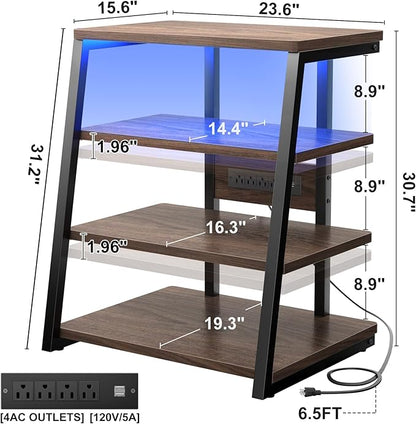 Armocity 4-Tier AV Media Stand with Power Strips, Corner TV Stand with LED Lights, Rack Audio Tower with Adjustable Shelves, Corner Entertainment Center, 30'', Black Walnut