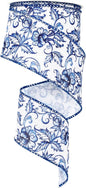 Blue White Floral Wired Edge Ribbon Roll Vintage Watercolor Flower Craft Ribbon Chinoiserie Fabric Ribbon for Wreath Bow Making DIY Craft Wrapping Party Supplies, 12 Yard