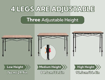 Portable Outdoor Adjustable Height Camping Table, Large for 2-6 Person, Foldable Roll-up Aluminum Camp Table with Carry Bag for Picnic, Camp, Sturdy, Stable, Loads 220 Lbs