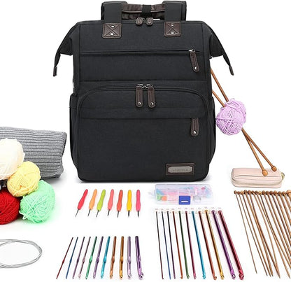 Crochet Backpack,Knitting Bag Backpack Yarn Storage Organizer Travel Crochet Bag with USB Charging Port,Yarn Tote Bag Yarn Holder Case for Knitting Needles, Crochet Hooks,Crochet Accessories,Black