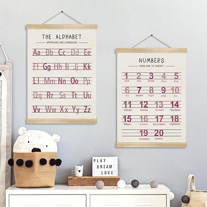 Alphabet and Numbers Wall Chart Set of 2 ,Kids Educational Posters,ABC and 1-20 Number Learning Banners for Toddlers, Preschool Classroom, Homeschool, Nursery, Playroom Decor 14 x 18.5 Inch(Pink)
