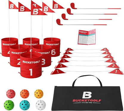 bucketgolf Game 6 Hole Bundle with Clubs - The Best Backyard Golf Game for All Ages and Levels Adults, Kids, Families, Schools, Yards, Parks, Beaches, Vacation. (4 Clubs (4 RH))