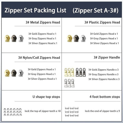 VICHERIA Zipper Repair Kit (45 Pcs), Universal Size #3 Zippers for Sewing, Replacement Slider Pull Fix Kit for Jackets, Coat, Boot, Backpack, Purse